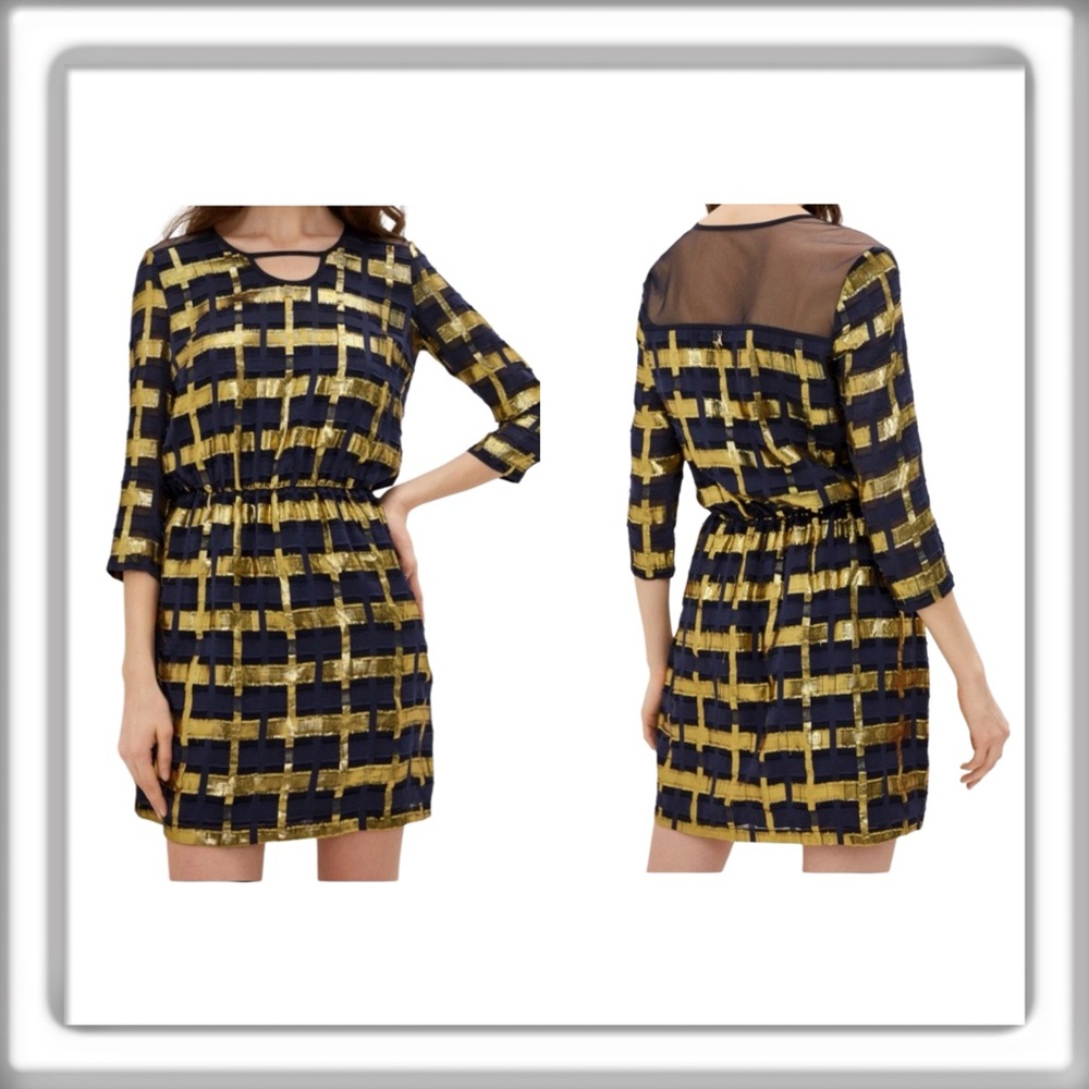 Patrizia Pepe Above Knee Lined Dress 3/4 Sleeve Navy Gold Size 42 US 6